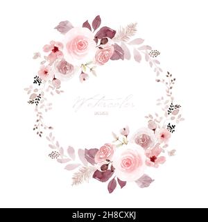 Wreath acquerello con rosa pastello rossa e foglie. Acquerello dipinto a mano con bouquet floreale isolato su sfondo bianco. Adatto per weddi Illustrazione Vettoriale