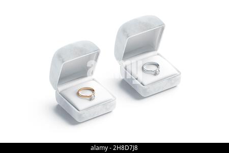 Scatola bianca vuota con mockup ad anello in oro e argento Foto Stock