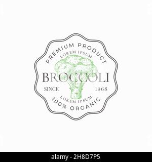 Logo Broccoli Frame Badge o modello logo. Schizzo vegetale disegnato a mano con tipografia retrospettiva e bordi. Emblema ovale vintage Premium. Isolato Illustrazione Vettoriale