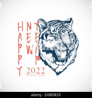 Modello di biglietto d'auguri per il Capodanno asiatico felice 2022. Tiger Head cinese etichetta segno zodiaco con Tipografia. Oriental Holiday Symbol. Isolato Illustrazione Vettoriale