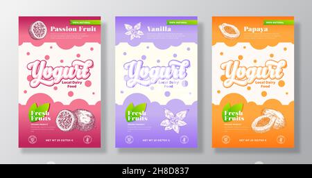 Set di modelli per etichette yogurt frutta e Berries. Raccolta di layout di progettazione di packaging astratto Vector Dairy. Banner moderno con Maracuja disegnato a mano Illustrazione Vettoriale