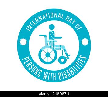 Adesivo World Disability Day in lingua inglese. Giornata Internazionale delle persone con disabilità Inglese. Disabilitato, disabilitato, difettoso, malformato Illustrazione Vettoriale