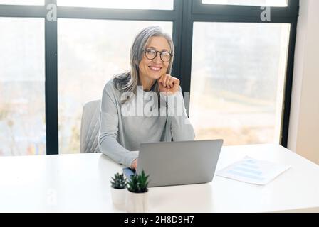 Incantevole donna d'affari matura guarda la macchina fotografica e sorride. Primo piano ritratto di affascinante donna grigio-capelli, ceo femminile seduto alla scrivania con un laptop nel moderno ufficio Foto Stock