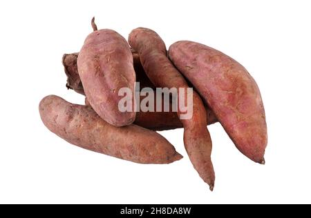 Patate dolci isolate su sfondo bianco. Tuberi di patate crudi. Potatos dolci per il cibo. Foto Stock