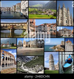 Attrazioni turistiche in Italia - collage fotografico di viaggio con Roma, Venezia, Firenze, Milano, Pisa, Sicilia e Alpi Italiane. Foto Stock