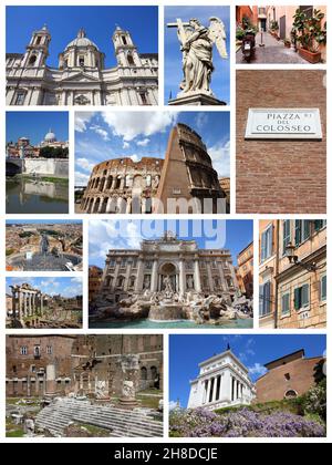 Roma, Italia - collage di foto di viaggio con il Foro Romano, il Vaticano, il Colosseo e la Fontana di Trevi. Foto Stock