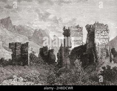 Rovine delle mura della città vecchia, Antioch. Antiochia sulle Orontes, antica città greca, Antakya moderna, Provincia di Hatay, Turchia. Dalla storia universale illustrata di Cassell, pubblicata nel 1883. Foto Stock