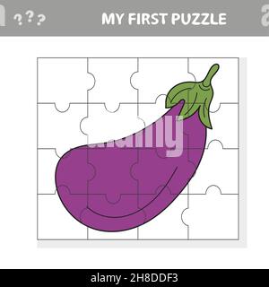 Puzzle di logica per i bambini. Foglio di lavoro per lo sviluppo dell'istruzione con melanzane. Pagina attività in stile cartone animato. Illustrazione Vettoriale