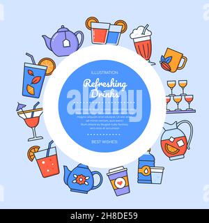 Bevande rinfrescanti - banner vettoriale colorato in stile piano con spazio per la copia del testo. Tè caldo in un bollitore, limonata di ghiaccio in un decanter, alcol in bea Illustrazione Vettoriale