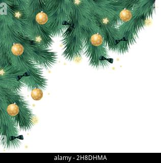 Rami di abete realistici su sfondo bianco, festivo nuovo anno modello web - illustrazione vettoriale Illustrazione Vettoriale