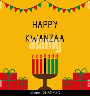 Illustrazione vettoriale delle vacanze felici di Kwanzaa. Biglietto d'auguri con Kinara e bandiere. Celebrazione del patrimonio, dell'unità e della cultura africana Illustrazione Vettoriale