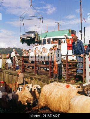 Il MV Loch Carron si offloda al molo della ferrovia di Oban degli anni '70 Foto Stock