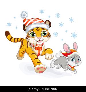 Carino tigre in un cappello di Natale corre con un coniglio. Cartoon tigre e coniglietti personaggi. Illustrazione isolata del cartone animato vettoriale. Per cartoline, poster, des Illustrazione Vettoriale