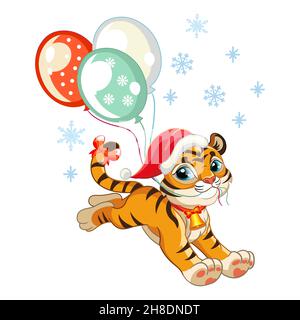 Carino tigre in un cappello di Natale corre con palloncini. Personaggio tigre cartoon. Illustrazione isolata del cartone animato vettoriale. Per cartoline, poster, design, greeti Illustrazione Vettoriale