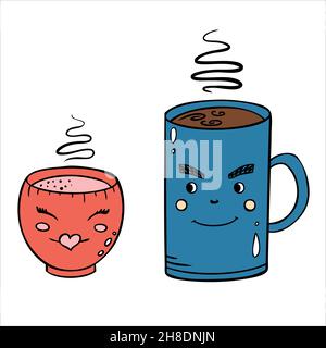 Volantino di San Valentino, cartolina, adesivo con tazze carine. Illustrazione Vettoriale