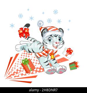 Carino tigre in un cappello di Natale funziona con i regali. Personaggio tigre cartoon. Illustrazione isolata del cartone animato vettoriale. Per cartoline, poster, design, saluto Illustrazione Vettoriale