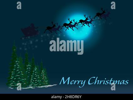 Biglietto di Natale con renna. Slitta di Babbo Natale. Spruces al chiaro di luna. Auguri di Natale. Renna nell'imbracatura. Motivo di colore blu scuro. Foto Stock