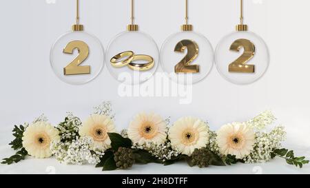 gerbera fiori matrimonio 2022 cifre e anelli dorati romantica decorazione nuziale isolato su bianco Foto Stock