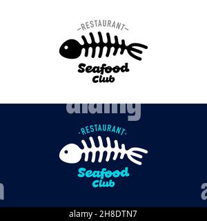 Cucchiaio e forchetta a forma di scheletro di pesce. Concetto di logo o cartello, Seafood club per ristorante, caffetteria Illustrazione Vettoriale