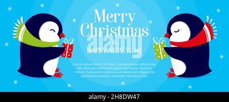 Due pinguini con regali in mano su sfondo blu. Banner panoramico Illustrazione Vettoriale
