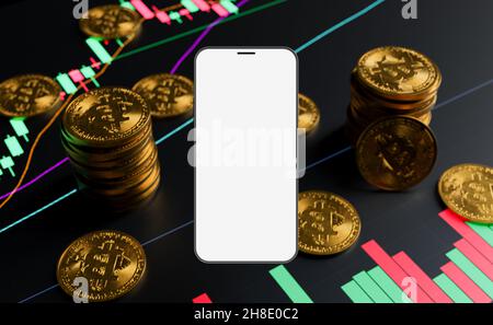 mockup di cellulare con schermo vuoto e bitcoins con grafici di prezzo in background. rendering 3d Foto Stock