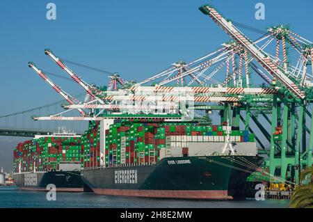 Le navi portacontainer della Evergreen Marine Corporation mostravano il carico e lo scarico nel porto di Los Angeles, in California. Foto Stock