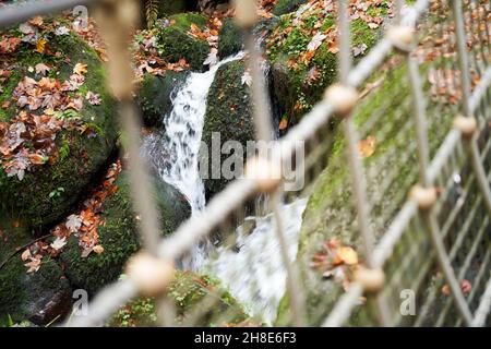 Piccola cascata nella Foresta Nera fotografata attraverso una rete di corde. Germania, Blackforest, Gertelbach. Foto Stock