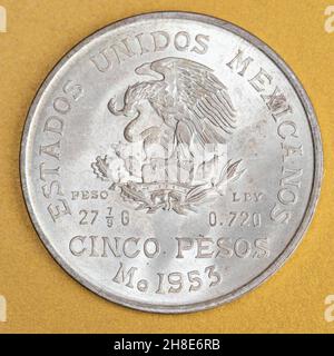 Vintage 1953 cinque pesos Silver Coin dal Messico Commemorative Hidalgo Foto Stock