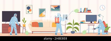 Disinfezione interna. Trattamento sanitario della stanza contro i virus. Uomini che fanno la pulizia antibatterica professionale. Prodotti chimici spray disinfettanti Illustrazione Vettoriale