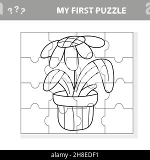 Gioco di carta per l'educazione dei bambini, fiori in una pentola. Puzzle. Il mio primo puzzle e la mia pagina da colorare Illustrazione Vettoriale