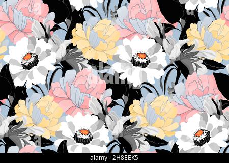 Sfondo vettoriale floreale senza cuciture. Un modello di fiori multicolore con foglie nere e blu. Illustrazione Vettoriale