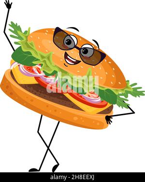 Carino hamburger personaggio con emozioni felici, viso, sorriso, occhi, braccia e gambe. Allegro fast food persona, sandwich con espressione gioiosa. Illustrazione piatta vettoriale di prodotti e pasti di carne Illustrazione Vettoriale