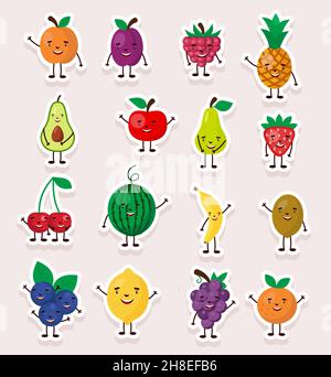 Set di simpatici adesivi vettoriali. Divertente e carino frutto con la faccia felice. EPS 10 Illustrazione Vettoriale