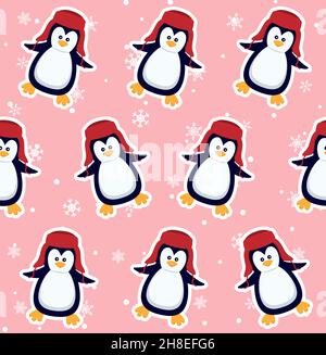 Pinguini senza cuciture. Pinguini carini in abiti invernali e cappelli, animale artico natalizio, tessuto capretto o carta da parati vettoriale. eps 10 Illustrazione Vettoriale