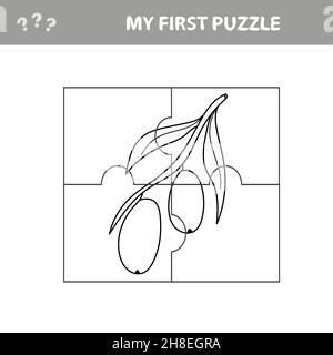 Puzzle jigsaw, gioco di istruzione per i bambini. Frutta e verdura, ramo di olive. Il mio puzzle firat e la pagina da colorare Illustrazione Vettoriale