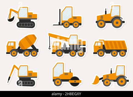 Set di simpatici adesivi vettoriali di macchine da costruzione. Stile piatto. EPS 10 Illustrazione Vettoriale