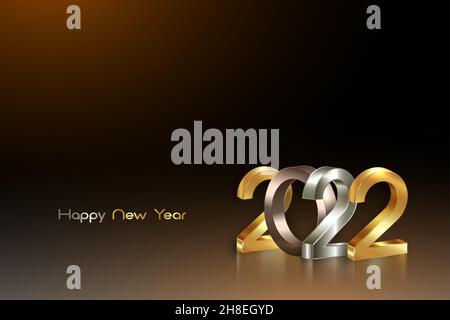 2022 lettere dorate, bronzee e argentate. Logo 3D di Capodanno per il biglietto di auguri per le feste. Illustrazione vettoriale isolato su sfondo scuro, moda della vigilia Illustrazione Vettoriale