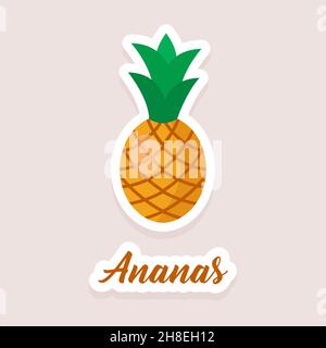 Simpatico vettore adesivi frutta ananas icone. Stile piatto. EPS 10 Illustrazione Vettoriale