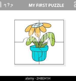 Gioco di carta per l'educazione dei bambini, fiori in una pentola. Puzzle. Il mio primo puzzle Illustrazione Vettoriale
