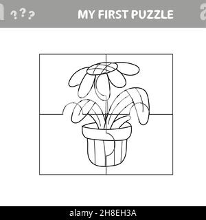 Gioco di carta per l'educazione dei bambini, fiori in una pentola. Puzzle. Il mio primo puzzle e la mia pagina da colorare Illustrazione Vettoriale