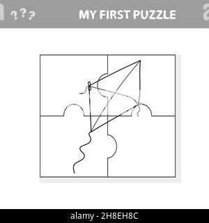 Kite in stile cartoon, gioco di istruzione per lo sviluppo di bambini prescolare. Il mio primo puzzle e la mia pagina da colorare Illustrazione Vettoriale