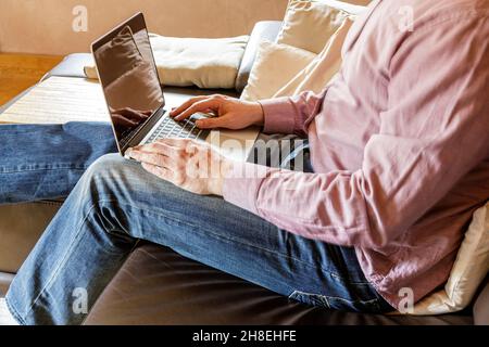 Vista laterale di raccolto anonimo uomo d'affari seduto sul divano e digitando sul laptop mentre lavora a casa Foto Stock