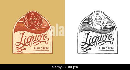 Badge etichetta liquore. Forte logo alcolico con elemento calligrafico. Cornice per banner poster. Sticker emblema scritta incisa a mano per t-shirt. Illustrazione Vettoriale