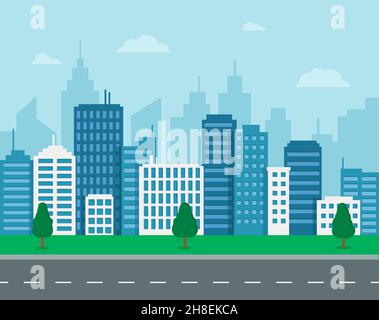 Paesaggio con edifici. Concetto di città e vita suburbana. Strade della città. Illustrazione vettoriale in stile piatto eps 10 Illustrazione Vettoriale