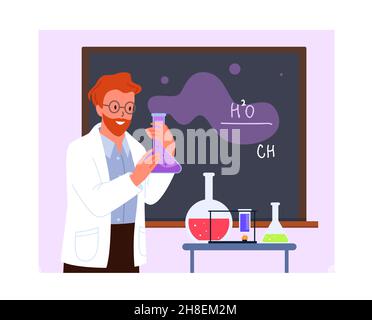 Insegnante che tiene becher di laboratorio in lezione di chimica, in piedi vicino alla lavagna in aula Illustrazione Vettoriale