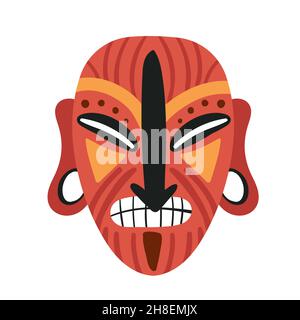 Maschera tribale idolo, tribù aborigina illustrazione del vettore di cultura etnica. Maschera cartoon aztec sulla testa, antico viso masque per la tradizionale cerimonia nativa isolato su bianco Illustrazione Vettoriale