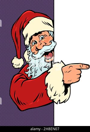 Babbo Natale mostra un banner vuoto un posto per la pubblicità e un poster. Natale e Capodanno. Vacanze stagionali invernali Illustrazione Vettoriale