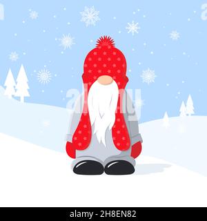 Biglietto di auguri di Natale con un simpatico gnome sullo sfondo invernale con fiocchi di neve. Vettore Illustrazione Vettoriale