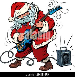 Babbo Natale è un musicista che suona una chitarra elettrica con un altoparlante. Vacanze invernali di Natale e Capodanno Illustrazione Vettoriale