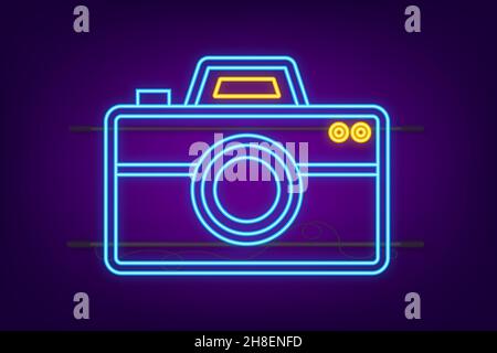 Cartello al neon della fotocamera. Simbolo fotografico. Illustrazione dello stock vettoriale. Illustrazione Vettoriale